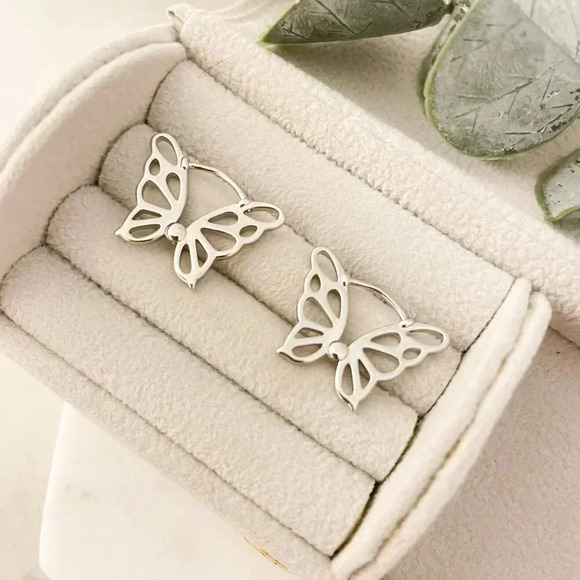 925 Sterling Silver Butterfly Hoop Earrings Butterfly Huggies Small Huggies - Picture 5 of 5